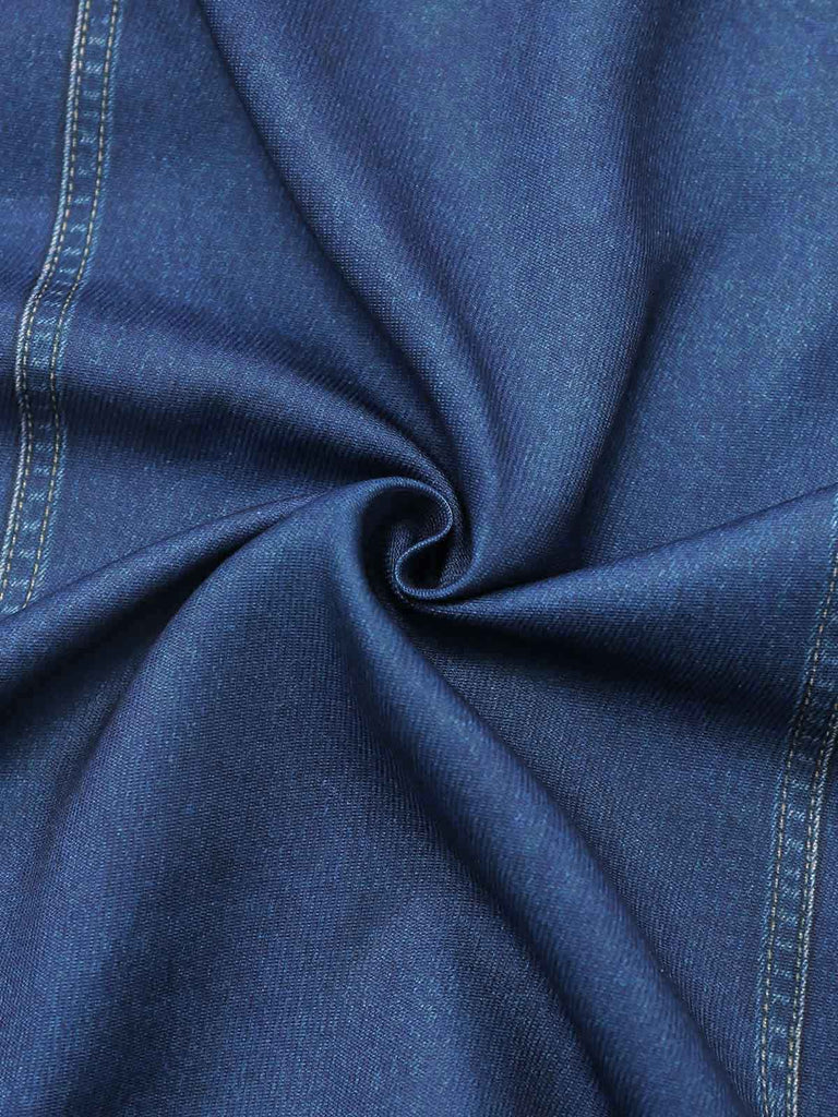 Marineblaue 80er Bluse mit Chiffonpartien und Einsätzen in Denim-Optik