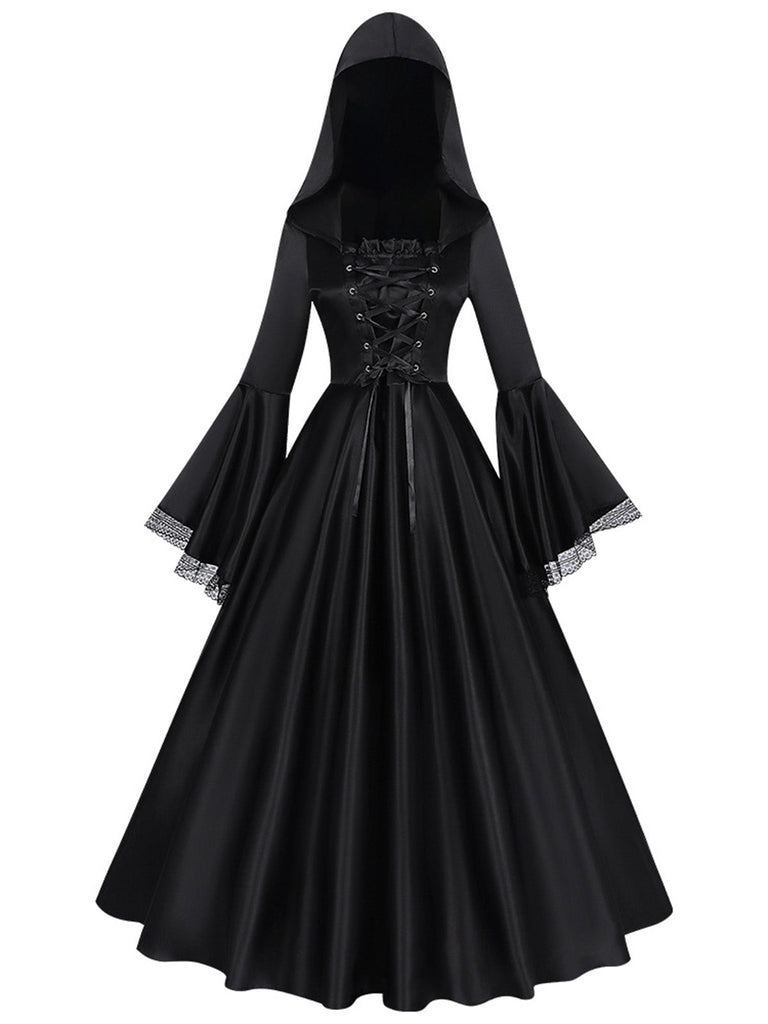 Schwarzes 70er Hexenkleid mit Kapuze und Mittelalter-Look