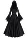 Schwarzes 70er Hexenkleid mit Kapuze und Mittelalter-Look