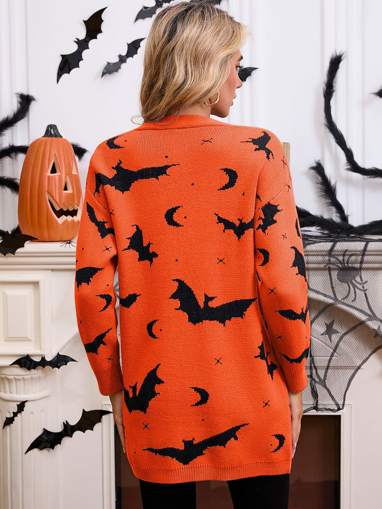 Orangefarbener 70er Halloween Cardigan mit Fledermaus und Mond
