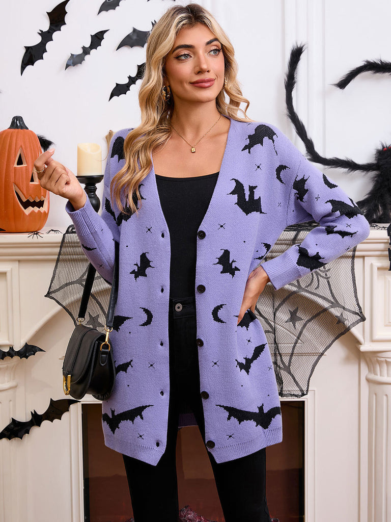 Orangefarbener 70er Halloween Cardigan mit Fledermaus und Mond