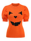 Orangefarbener 70er Halloween-Strickpullover mit Kürbisgesicht