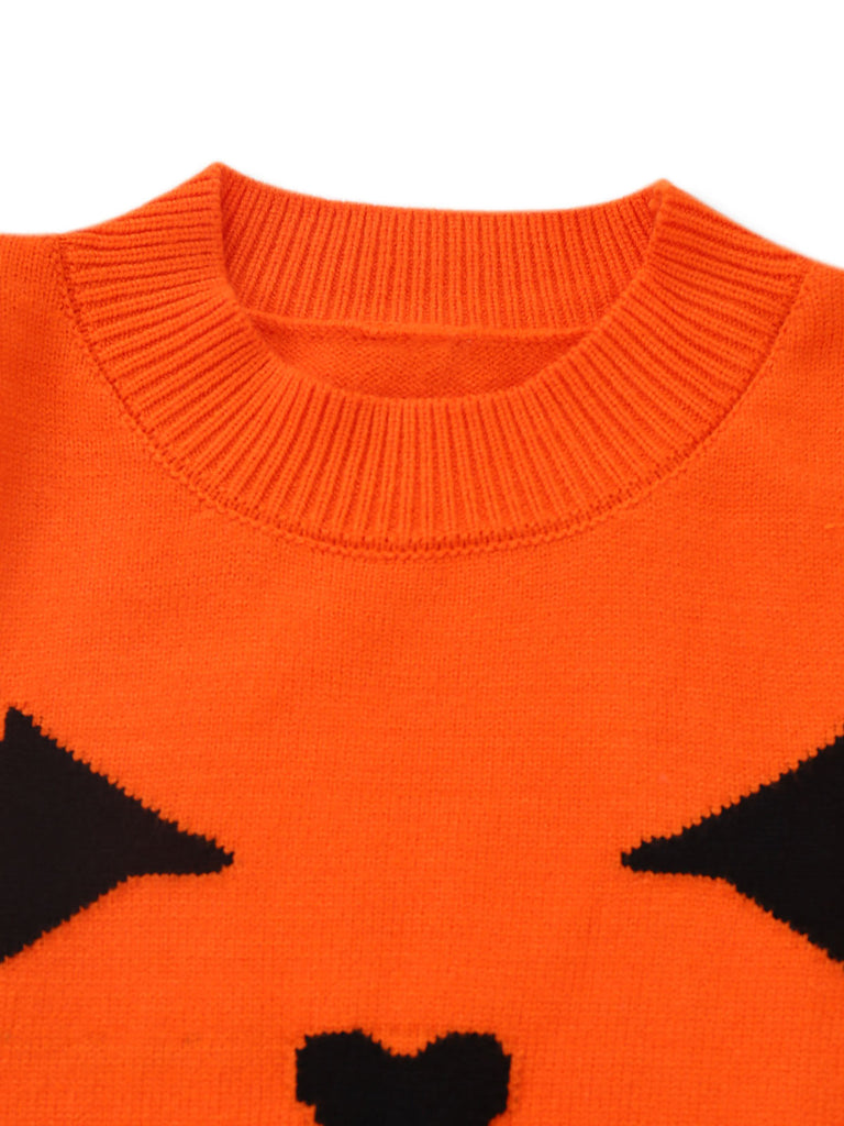 Orangefarbener 70er Halloween-Strickpullover mit Kürbisgesicht