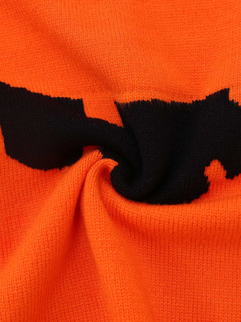 Orangefarbener 70er Halloween-Strickpullover mit Kürbisgesicht