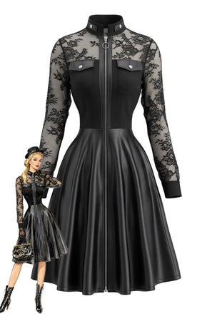 Schwarzes 80er Leder-Kleid mit Langarm und Spitze