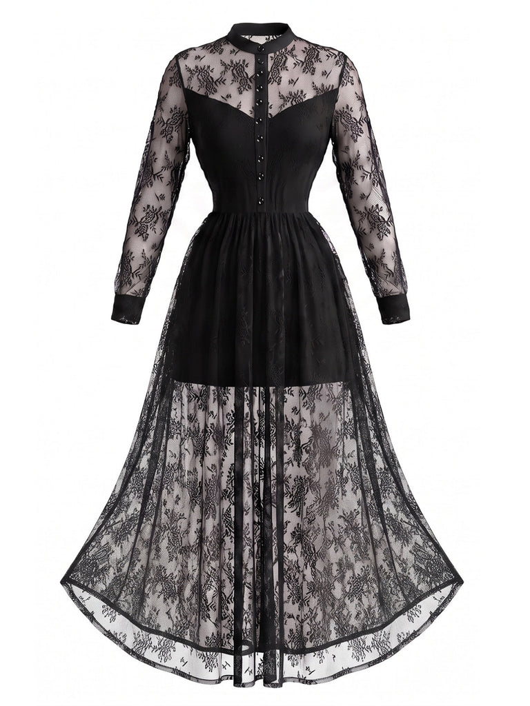 Schwarzes 70er Gothic-Maxikleid mit Stehkragen und floraler Spitze