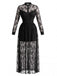 Schwarzes 70er Gothic-Maxikleid mit Stehkragen und floraler Spitze