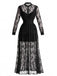 Schwarzes 70er Gothic-Maxikleid mit Stehkragen und floraler Spitze