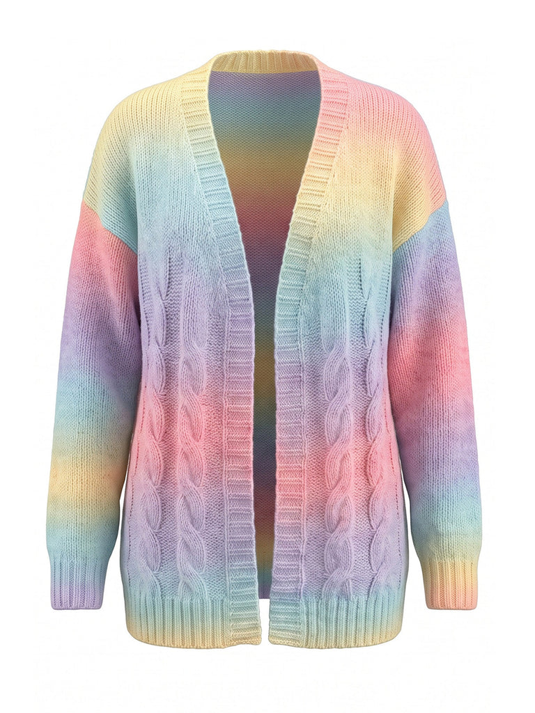 80er Zopfstrickjacke mit pastellfarbenem Regenbogenverlauf
