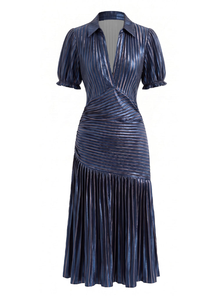 70er Metallic-Plisseekleid mit tiefem V-Ausschnitt und kurzen Ärmeln