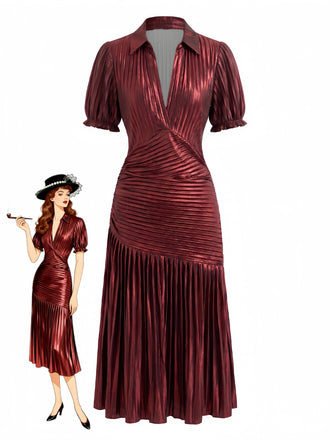 70er Metallic-Plisseekleid mit tiefem V-Ausschnitt und kurzen Ärmeln