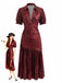 70er Metallic-Plisseekleid mit tiefem V-Ausschnitt und kurzen Ärmeln