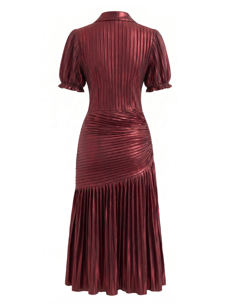 70er Metallic-Plisseekleid mit tiefem V-Ausschnitt und kurzen Ärmeln