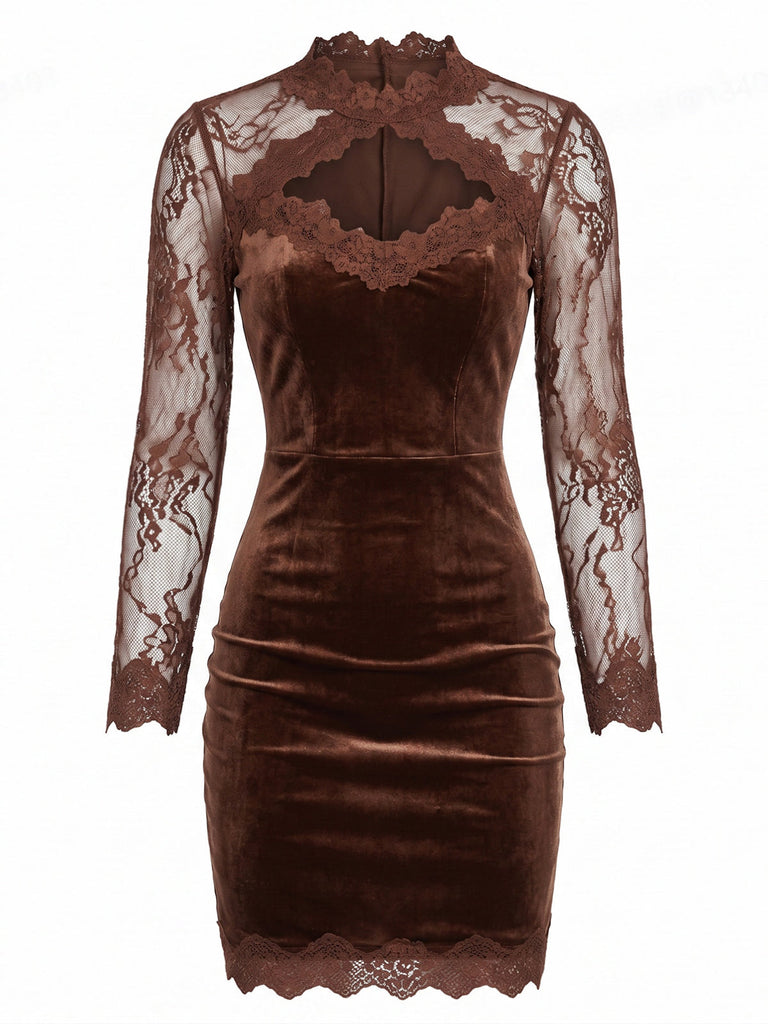 Schwarzes 60er Samt-Bodyconkleid mit Spitzenärmeln und Cut-out