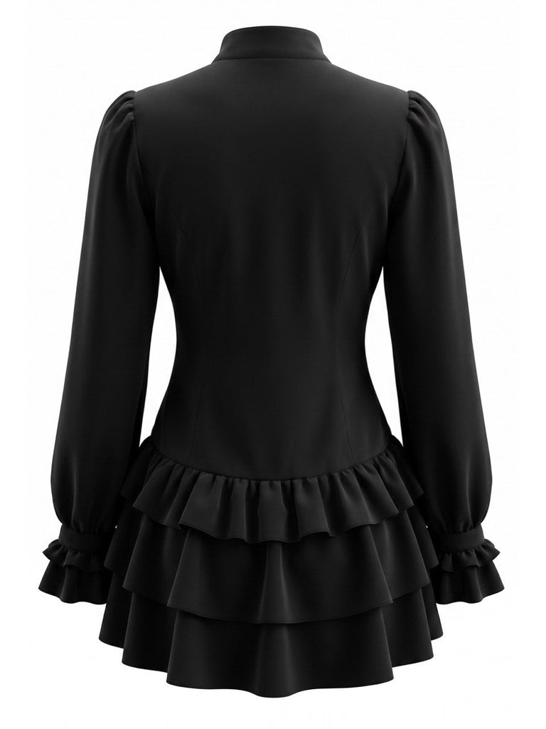 Schwarzes 60er Minikleid mit Stehkragen und Stufenrüschen