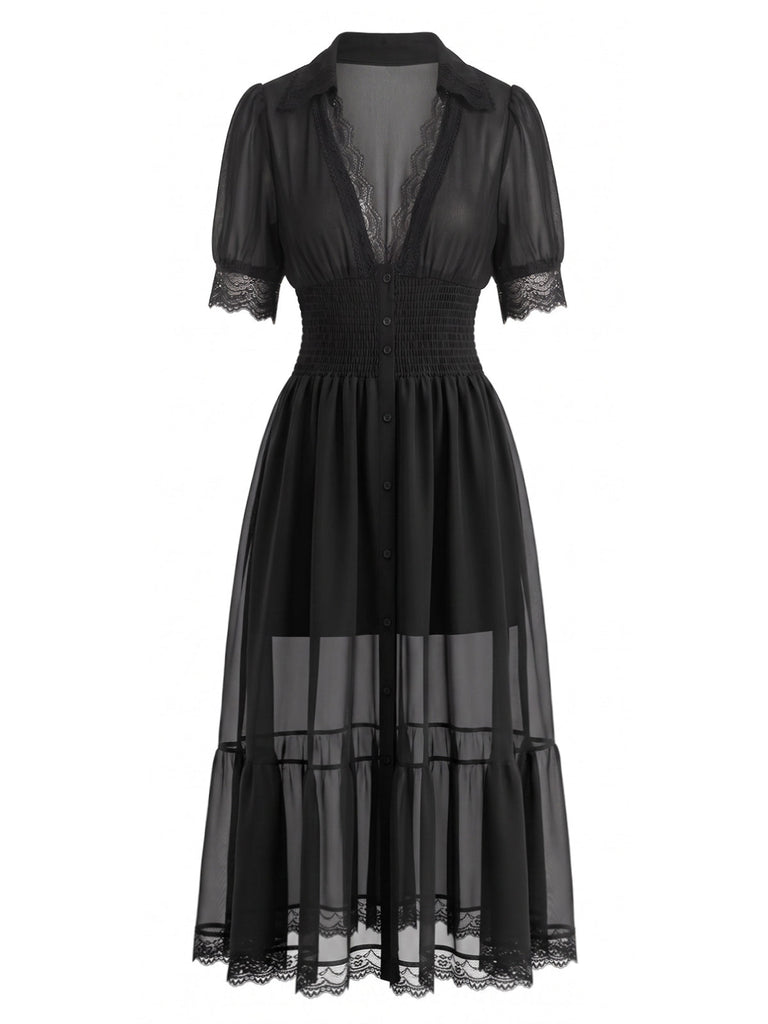 Schwarzes 40er Midikleid mit Spitze und Knopfleiste