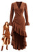 Braunes 40er Kleid mit V-Ausschnitt und asymmetrischem Rüschensaum