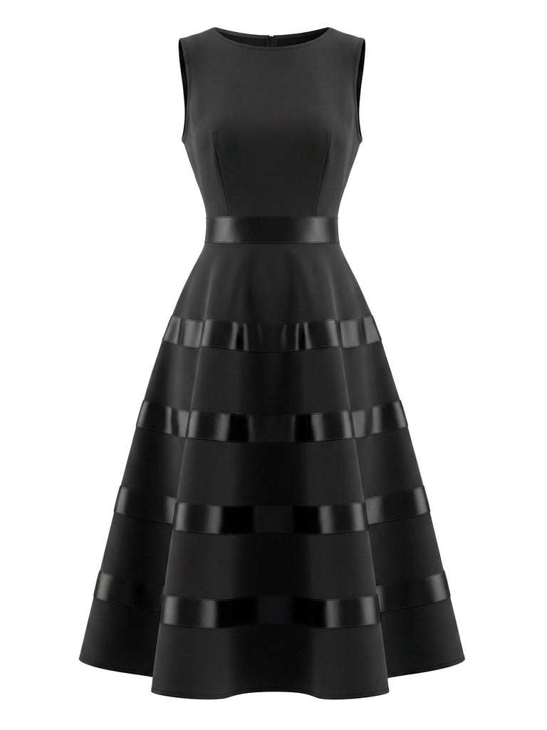 Schwarzes 50er ärmelloses Kleid mit Satinbesatz und Rundhals