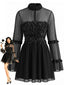 Schwarzes 70er Gothic-Minikleid aus transparentem Mesh mit 3D-Rosen und Rüschen