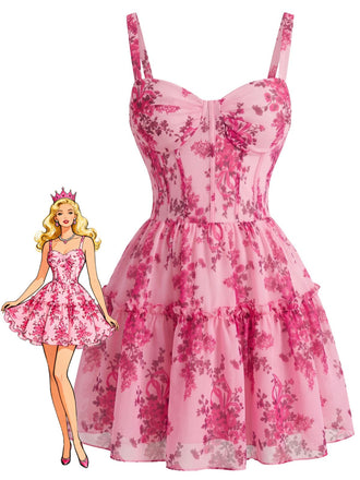 Rosa 50er Blumen-Minikleid in Korsett-Optik mit Rüschen
