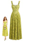 Grünes 30er Plissee-Maxikleid mit Blumen-Print und Schnürung