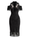 Schwarzes 70er Cold-Shoulder Bleistiftkleid mit Blumen und Stickerei