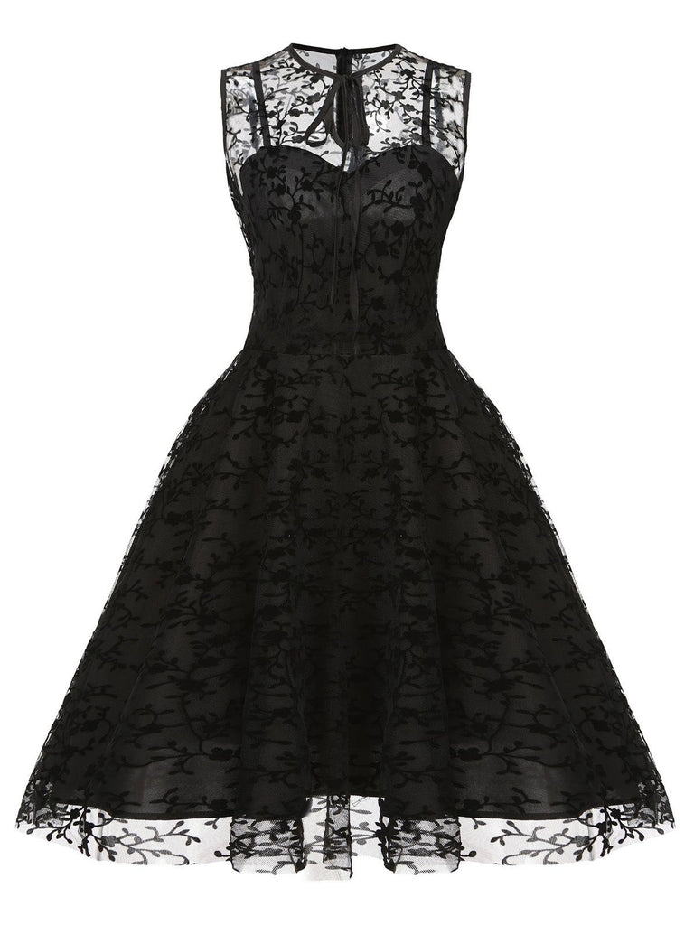 50er ärmelloses Mesh-Kleid mit floralem Flockprint und Schlüsselloch-Ausschnitt