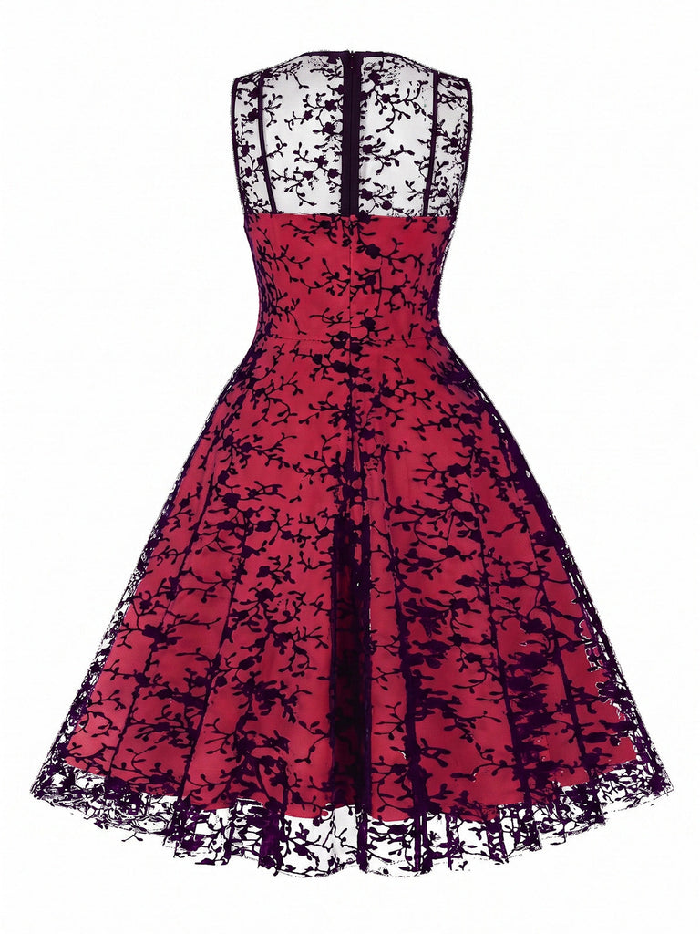50er ärmelloses Mesh-Kleid mit floralem Flockprint und Schlüsselloch-Ausschnitt