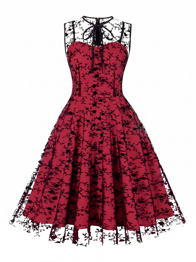 50er ärmelloses Mesh-Kleid mit floralem Flockprint und Schlüsselloch-Ausschnitt