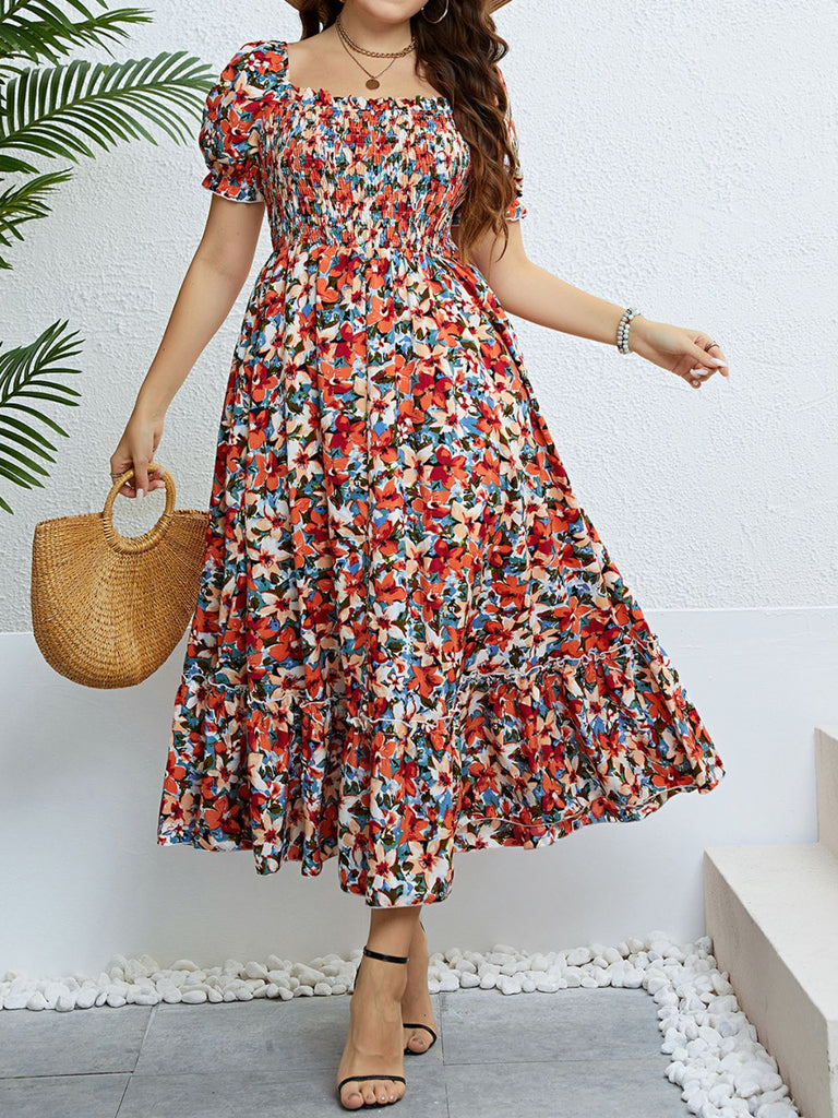 [Übergröße] 40er Kleid mit Blumen-Print und Rüschen