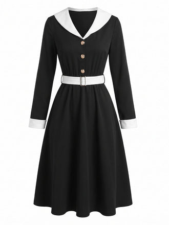 Schwarzes & Weißes 50er Kleid mit Revers und V-Ausschnitt