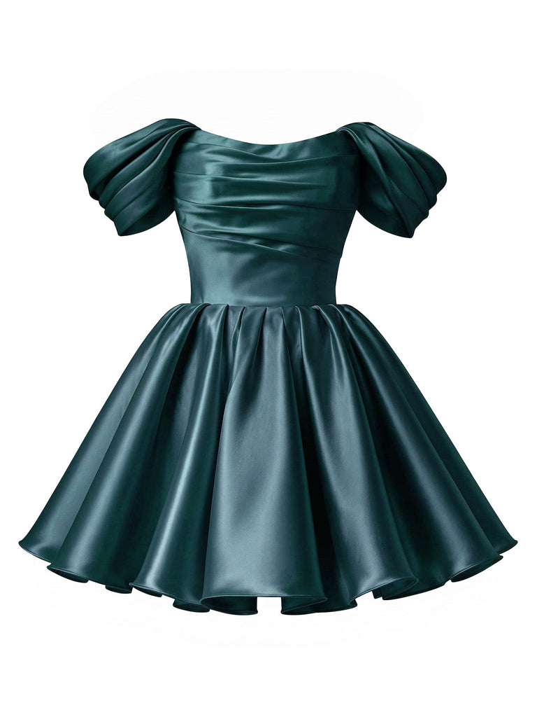 Blaues 50er Satin-Minikleid mit Puffärmel und Prinzessin