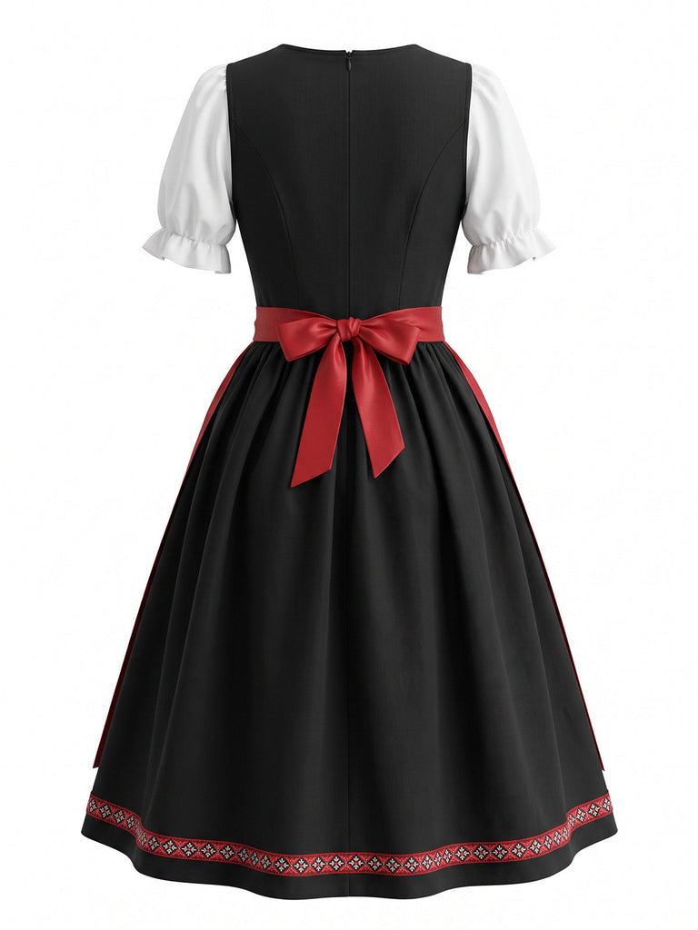 Rotes 50er Oktoberfest-Dirndl-Set mit Blumenstickerei und Schürze