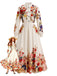 Beiges 70er Blumen-Maxikleid mit Stehkragen und Ballonärmeln