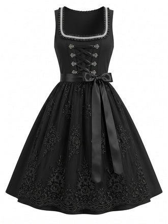 Schwarzes 50er Kleid mit Eckiger Ausschnitt und Blumen