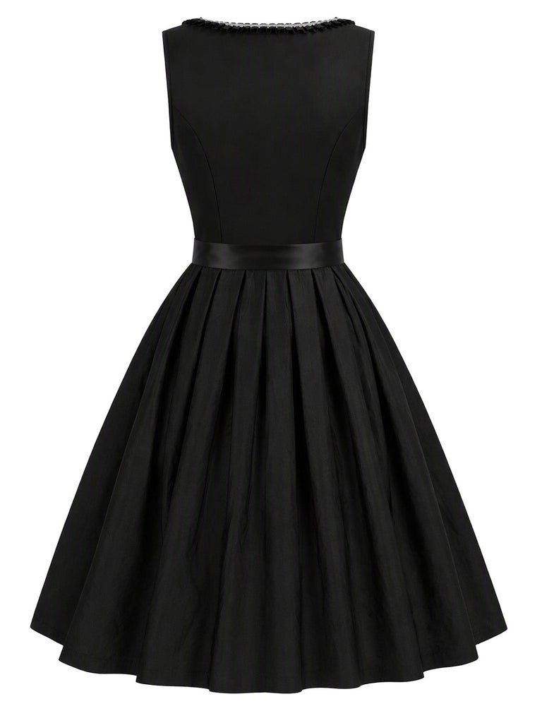 Schwarzes 50er Kleid mit Eckiger Ausschnitt und Blumen