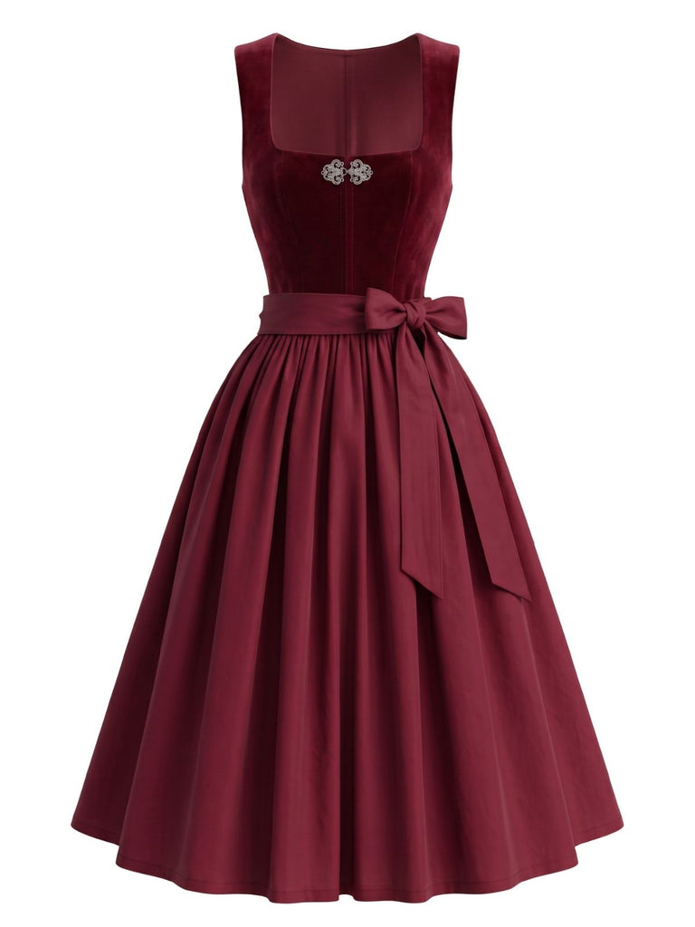 Burgunderrotes 50er Oktoberfest-Dirndl-Set mit Samtkleid und Schürze