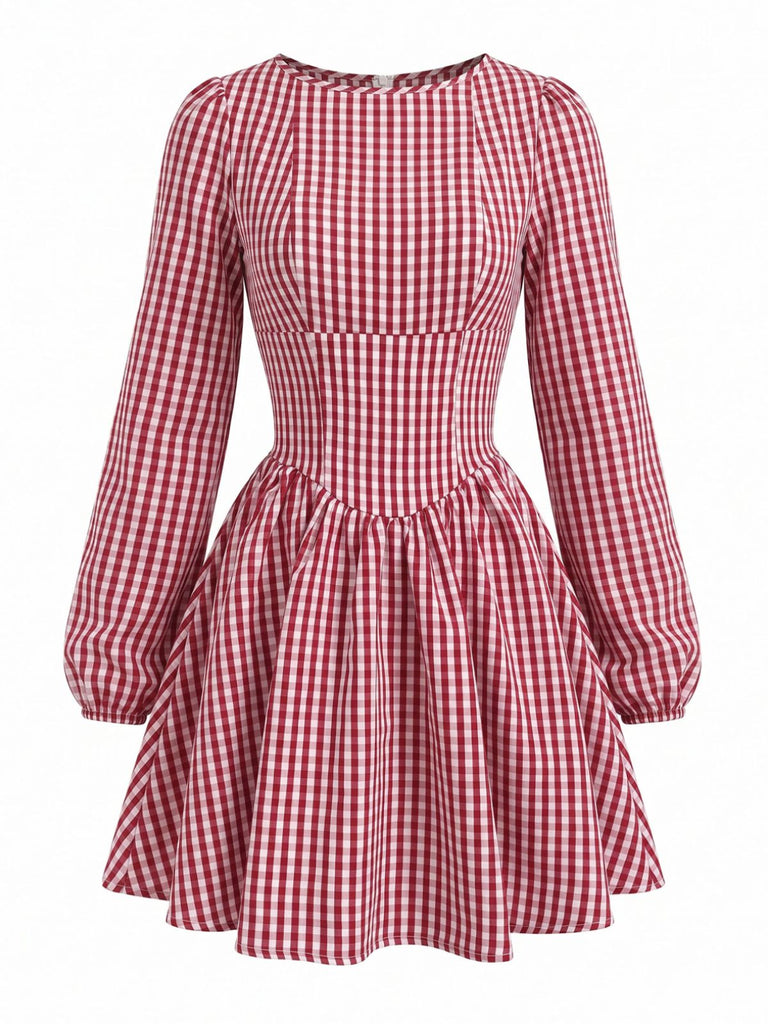 Rotes 60er Vichykarokleid mit Empire-Taille, offenem Rücken und Schleife