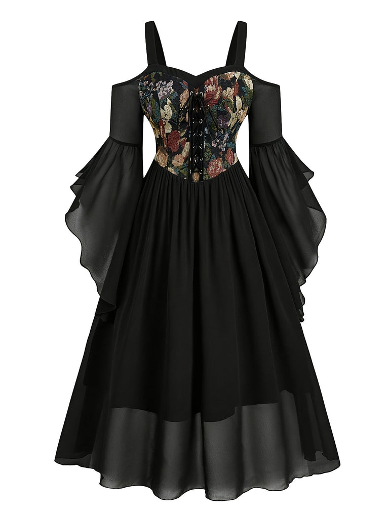 [Übergröße] 80er Cold-Shoulder Netzkleid mit Blumen und Glockenärmel