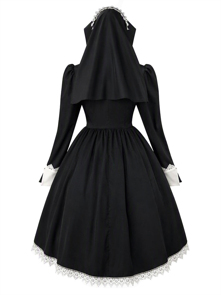 Schwarzes 80er Halloween Kleid mit Schleife und Spitze