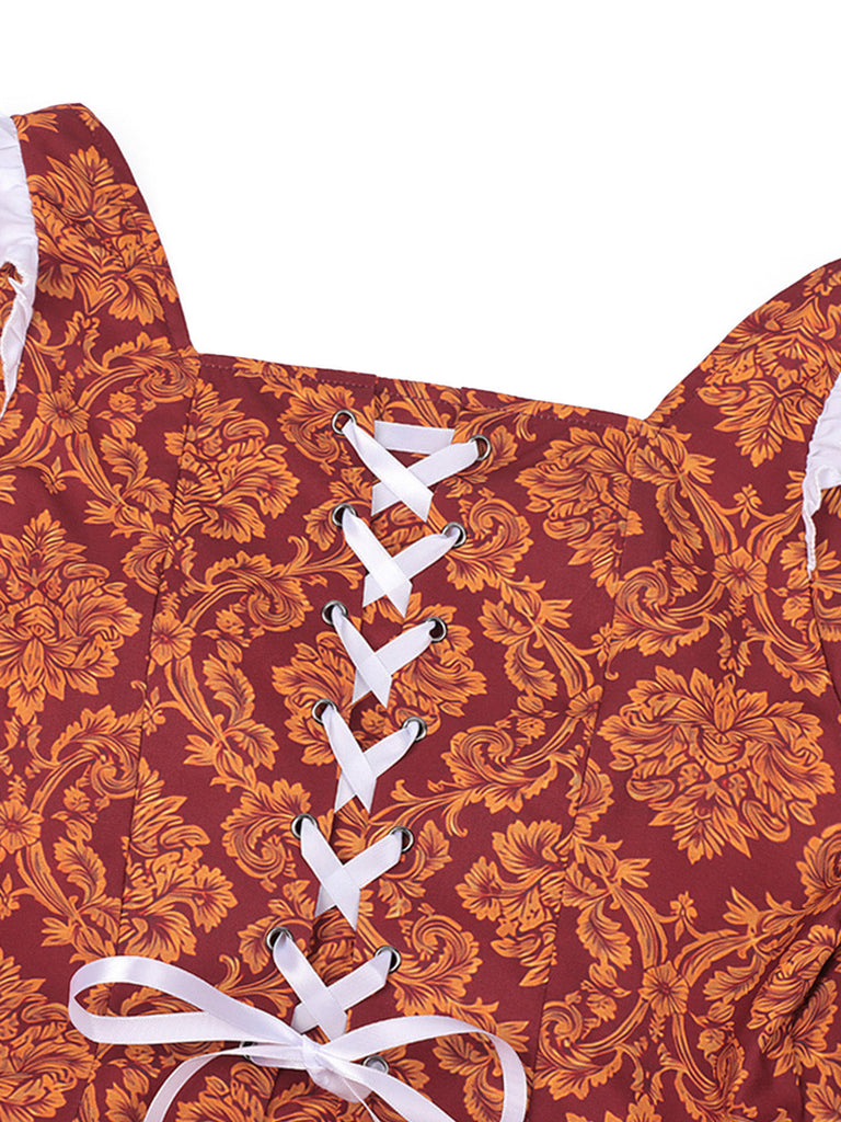70er Renaissance-Königinnenkleid mit eckigem Ausschnitt und Schnürung