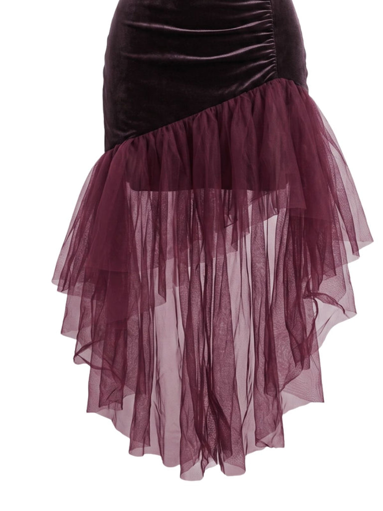 30er Samt-Maxikleid mit asymmetrischem Tüll und Raffung