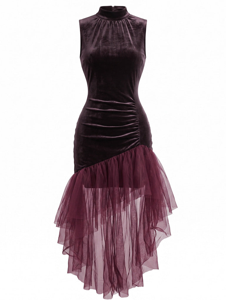 30er Samt-Maxikleid mit asymmetrischem Tüll und Raffung