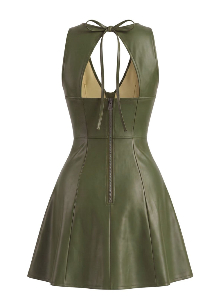 Schwarzes 60er Lederkleid mit V-Ausschnitt und Cut-out-Rücken