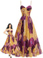 Lila & gelbes 70er Plissee-Maxikleid mit abstrakten Blumen und Blättern