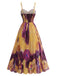 Gelbes & Lila 70er Maxikleid mit Blumen und Plissee