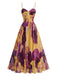 Gelbes & Lila 70er Maxikleid mit Blumen und Plissee