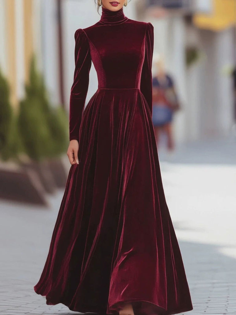 40er Langarm-Samtkleid mit Rollkragen