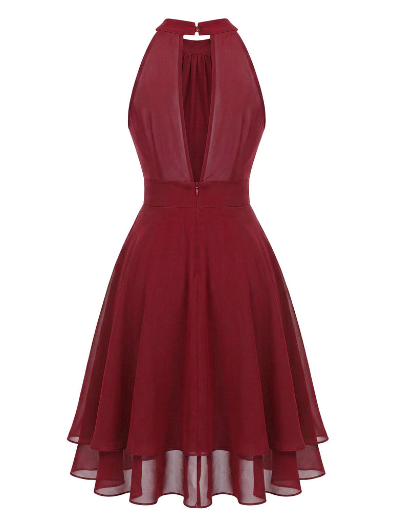 40er Ärmelloses Chiffon-Kleid mit Neckholder und Rüschen