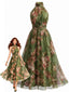 40er Neckholder-Maxikleid mit Blumen-Print und Tüll